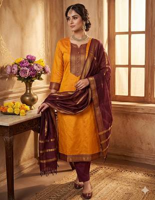 Gold woven jaquard straight kurti dupatta with pant 1