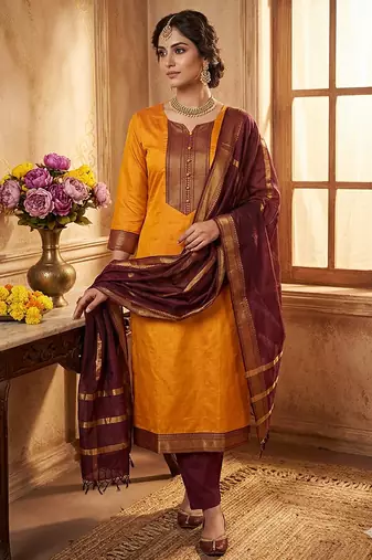 Gold woven jaquard straight kurti dupatta with pant
