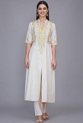 Off-white yellow embroidered kurti co-ord set 1