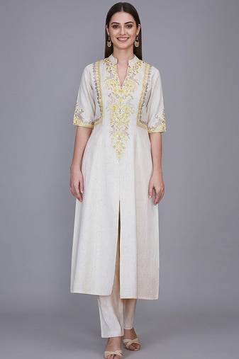 Off-white yellow embroidered kurti co-ord set