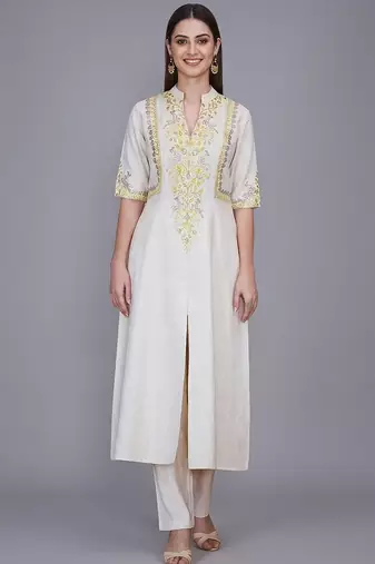 Off-white yellow embroidered kurti co-ord set