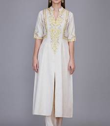 Off-white yellow embroidered kurti co-ord set