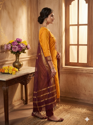 Gold woven jaquard straight kurti dupatta with pant 2