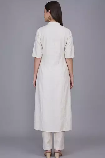 Off-white yellow embroidered kurti co-ord set