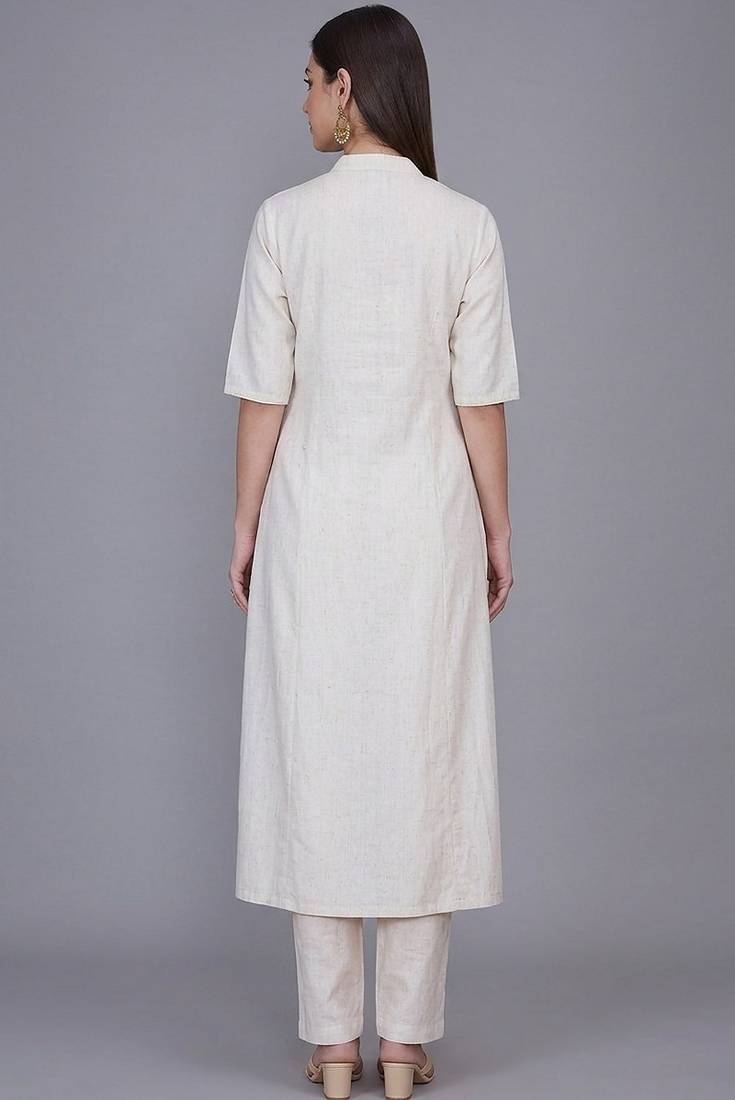 Off-white yellow embroidered kurti co-ord set