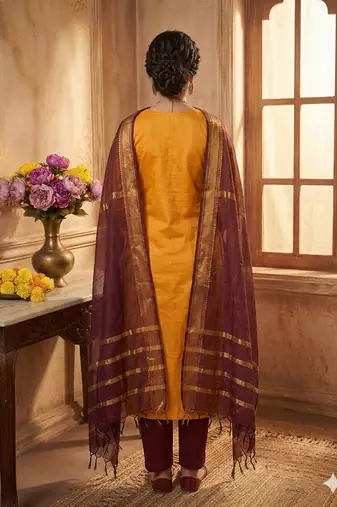 Gold woven jaquard straight kurti dupatta with pant