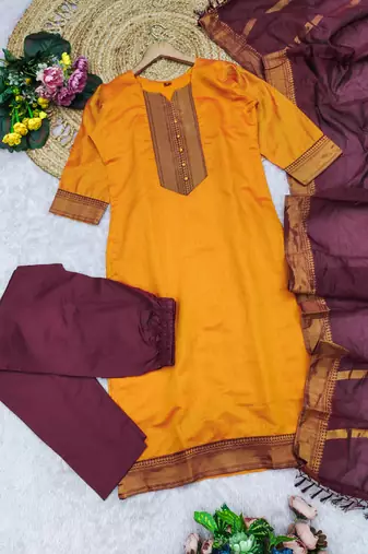 Gold woven jaquard straight kurti dupatta with pant