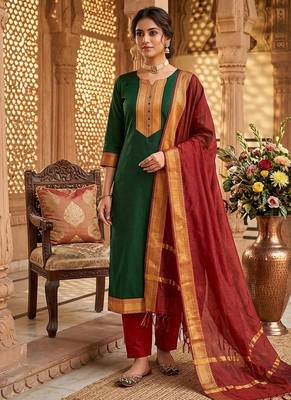 Green woven jaquard straight kurti dupatta with pant 1