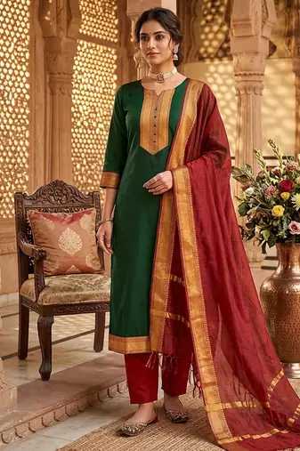 Green woven jaquard straight kurti dupatta with pant