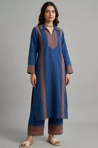 Blue geometric embroidered kurti co-ord set