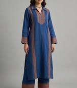 Blue geometric embroidered kurti co-ord set
