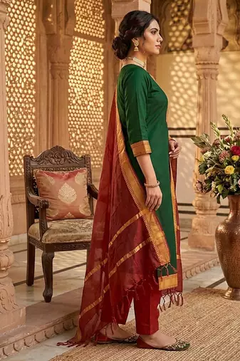 Green woven jaquard straight kurti dupatta with pant