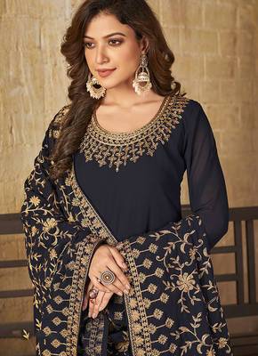 Navy blue embroidered faux georgette salwar kameez 3
