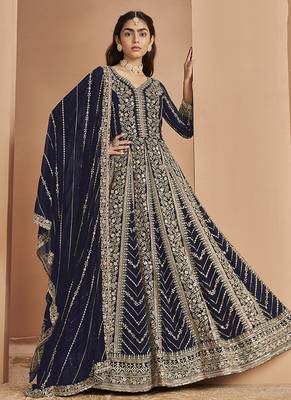 Embroidered navy blue faux georgette anarkali suit 1