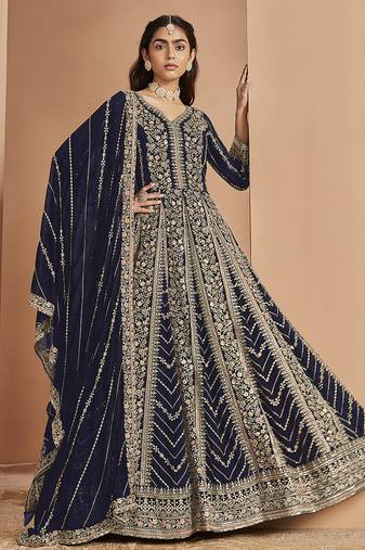 Embroidered navy blue faux georgette anarkali suit