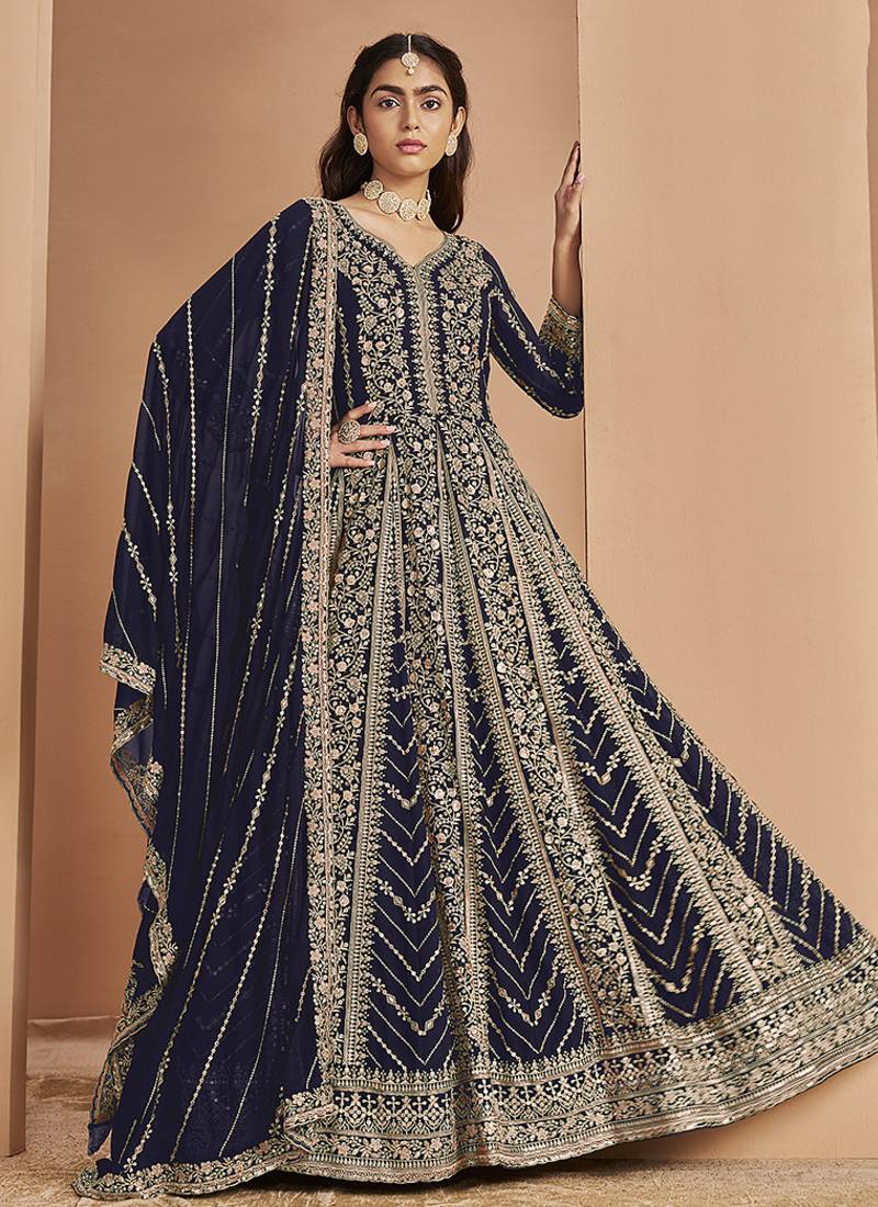 Embroidered navy blue faux georgette anarkali suit