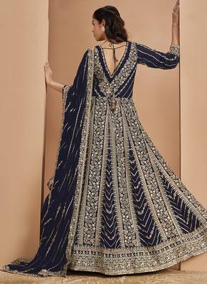 Embroidered navy blue faux georgette anarkali suit 3