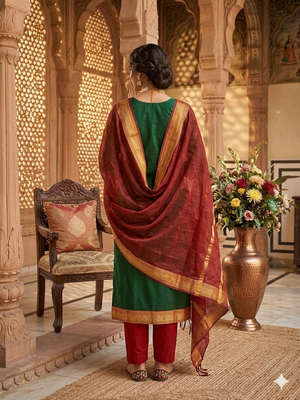 Green woven jaquard straight kurti dupatta with pant 3