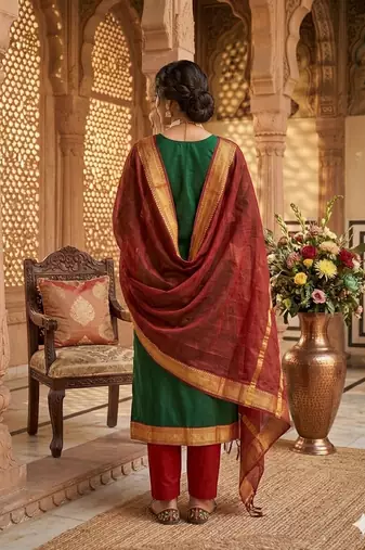 Green woven jaquard straight kurti dupatta with pant