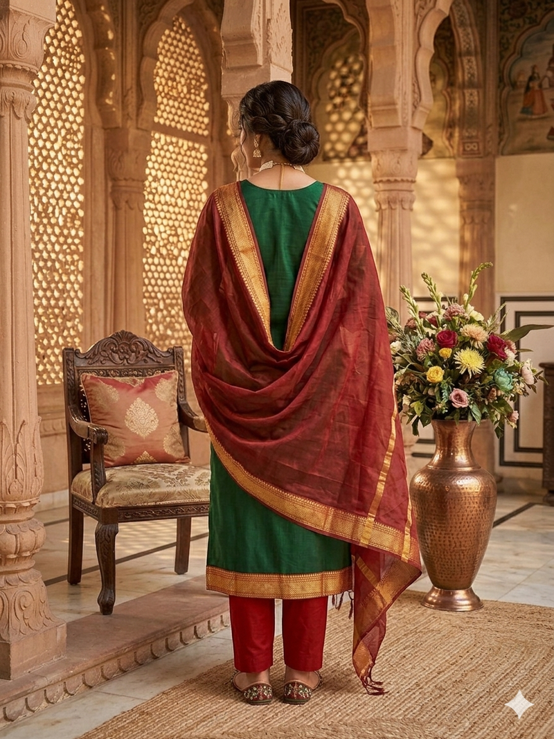 Green woven jaquard straight kurti dupatta with pant