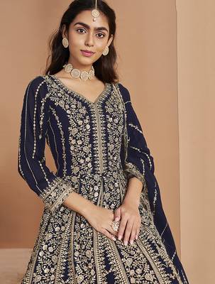 Embroidered navy blue faux georgette anarkali suit 4