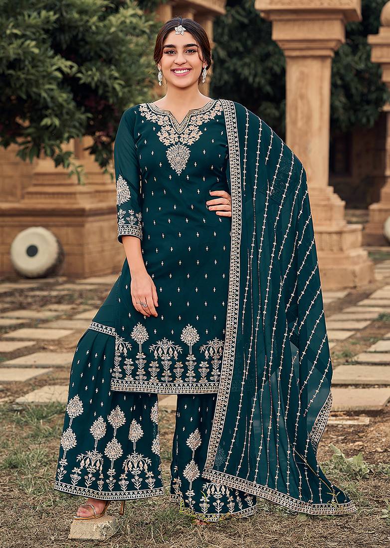 Teal color embroidered faux georgette salwar kameez