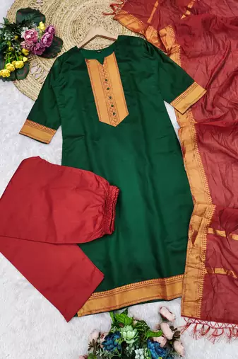 Green woven jaquard straight kurti dupatta with pant