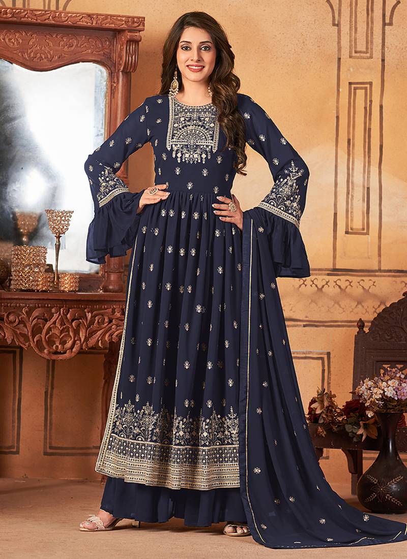 Navy blue embroidered faux georgette salwar kameez