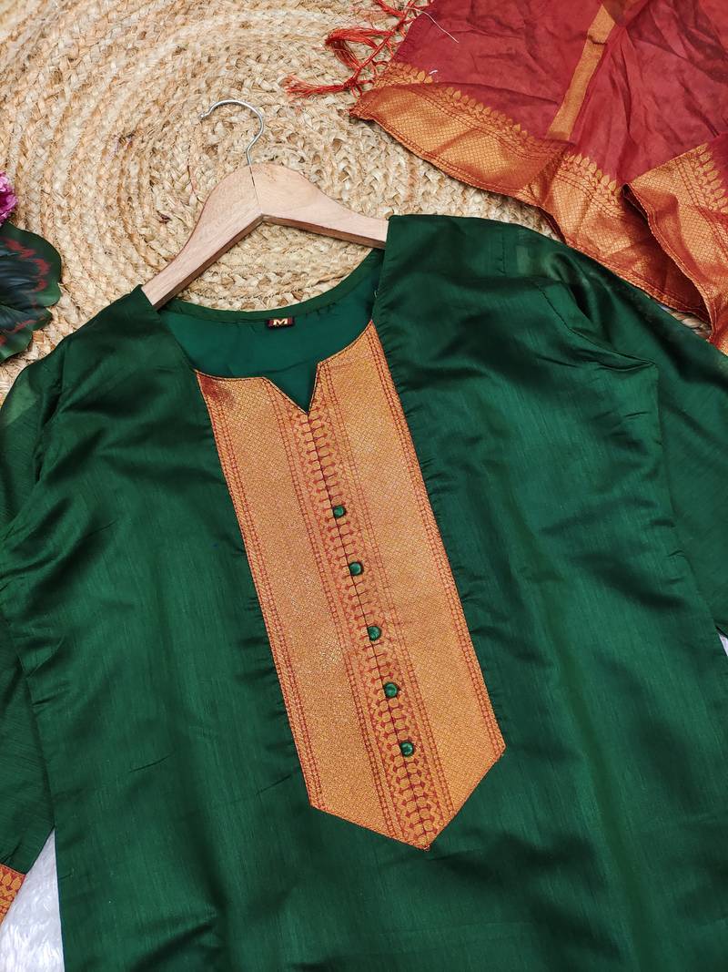 Green woven jaquard straight kurti dupatta with pant