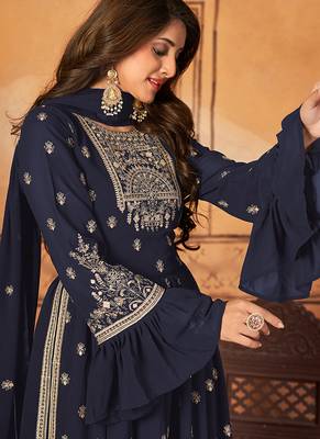 Navy blue embroidered faux georgette salwar kameez 3