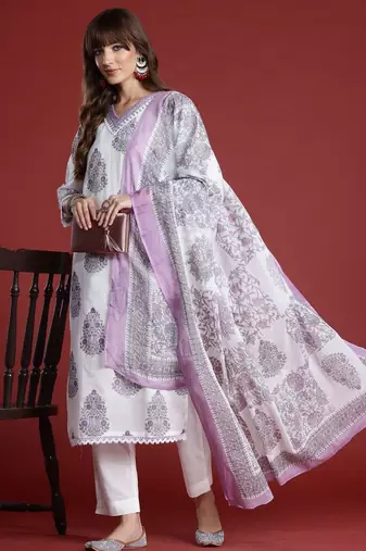 Floral Printed Sequinned  Cotton Kurta with Trousers & Dupatta