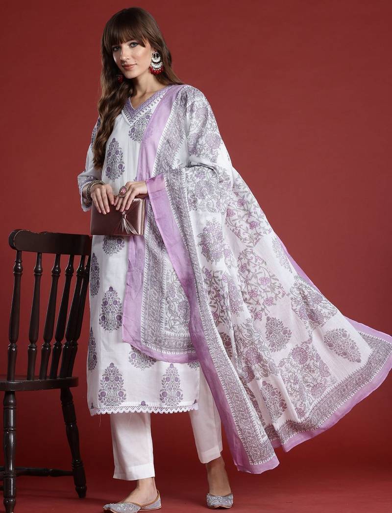 Floral Printed Sequinned Pure Cotton Kurta with Trousers & Dupatta