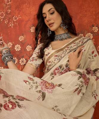 Cream linen gota patti saree with unstitched blouse piece. 1