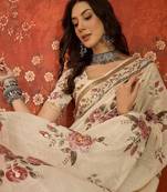 Cream linen gota patti saree with unstitched blouse piece.