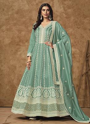 Aqua blue embroidered dola silk gown 1