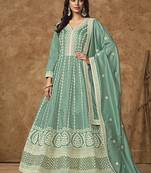 Aqua blue embroidered dola silk gown