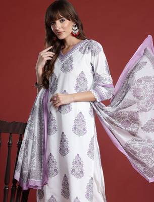 Floral Printed Sequinned  Cotton Kurta with Trousers & Dupatta 2