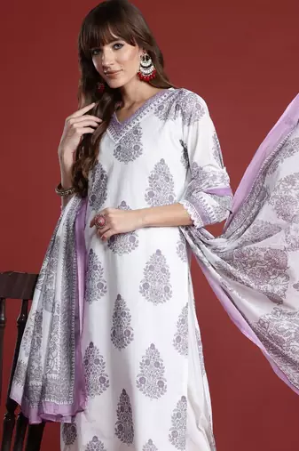 Floral Printed Sequinned  Cotton Kurta with Trousers & Dupatta
