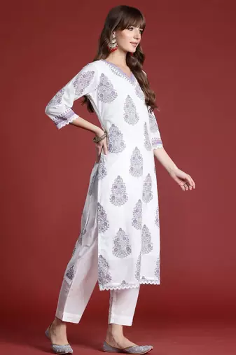 Floral Printed Sequinned  Cotton Kurta with Trousers & Dupatta