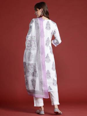 Floral Printed Sequinned  Cotton Kurta with Trousers & Dupatta 4