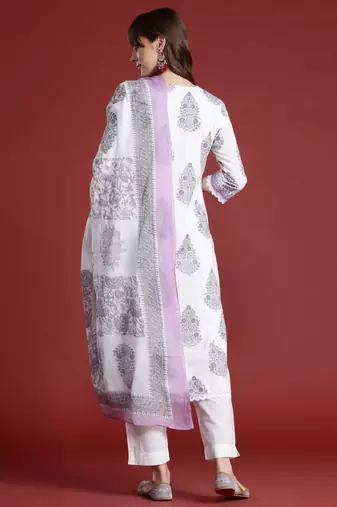 Floral Printed Sequinned  Cotton Kurta with Trousers & Dupatta