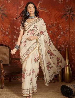 Cream linen gota patti saree with unstitched blouse piece. 2