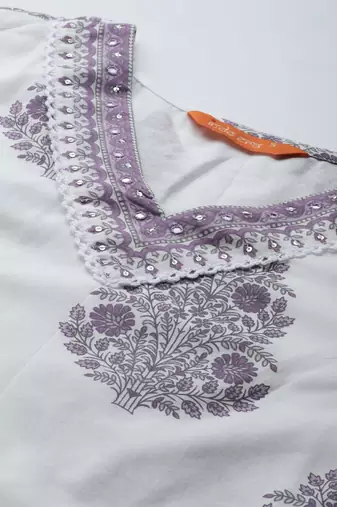 Floral Printed Sequinned  Cotton Kurta with Trousers & Dupatta