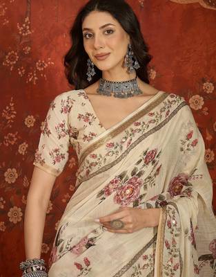 Cream linen gota patti saree with unstitched blouse piece. 3