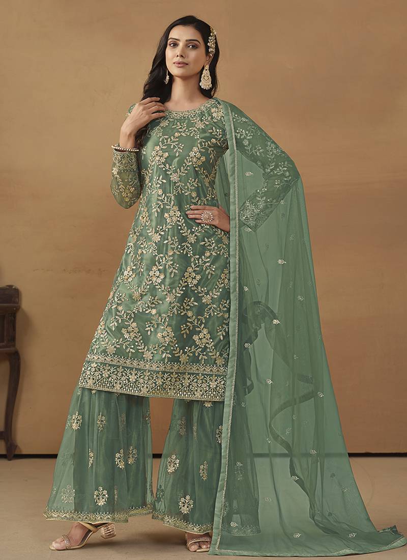 Sea green net fabric embroidered salwar kameez