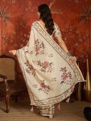 Cream linen gota patti saree with unstitched blouse piece. 4