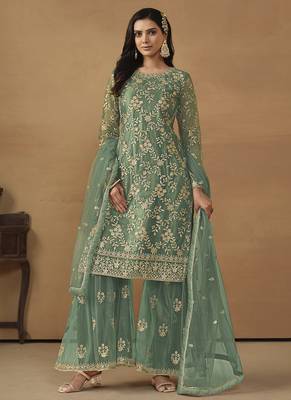 Sea green net fabric embroidered salwar kameez 2