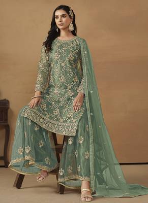 Sea green net fabric embroidered salwar kameez 3