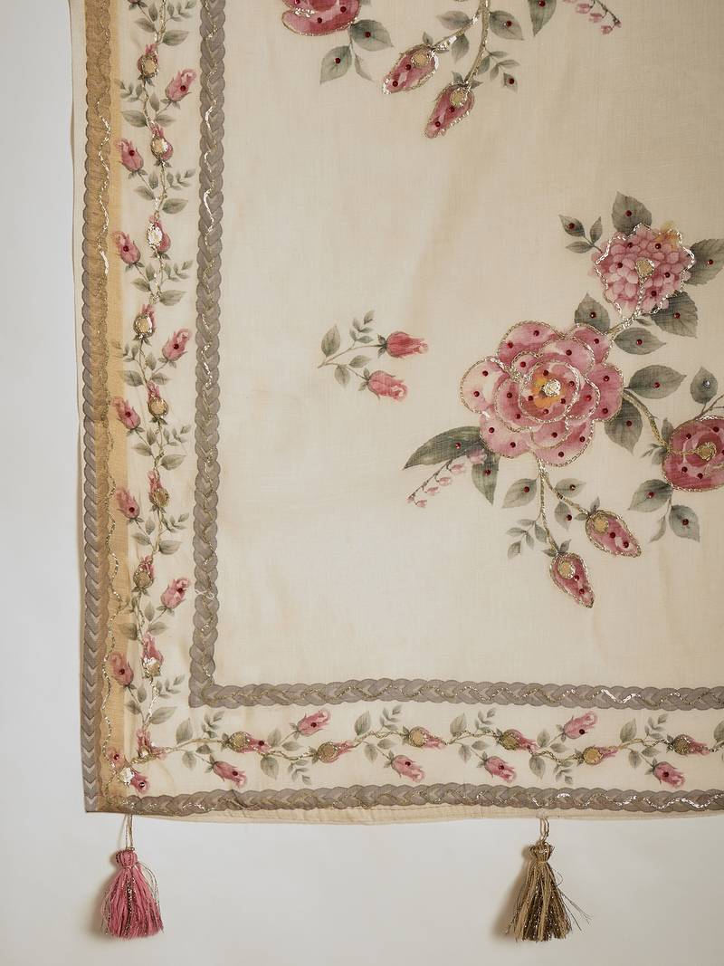 Cream linen gota patti saree with unstitched blouse piece.