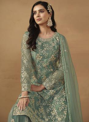 Sea green net fabric embroidered salwar kameez 4